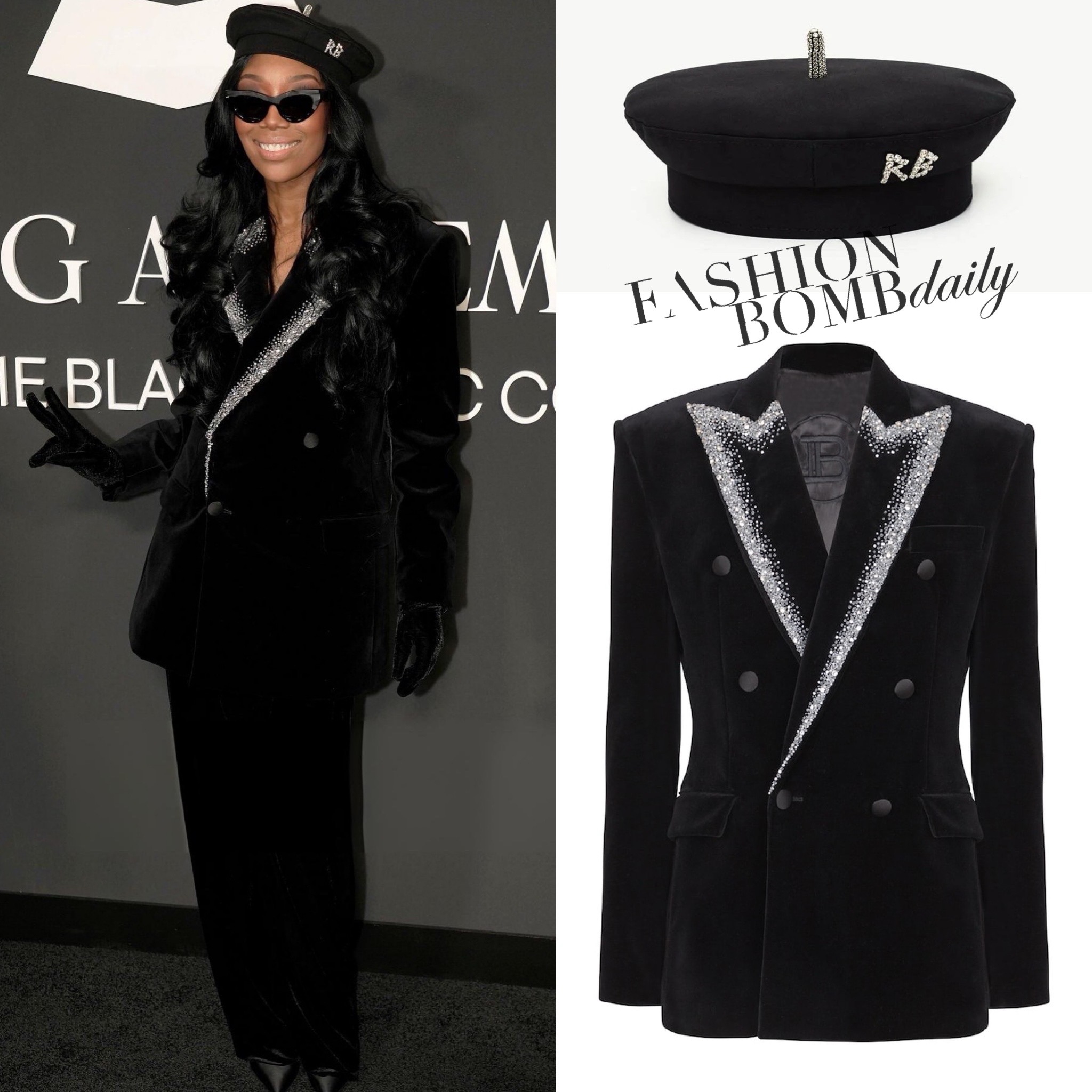 89 Brandy In A Black Velvet Crystal Embellished Balmain Blazer And Beret At The Recording Academy Honors