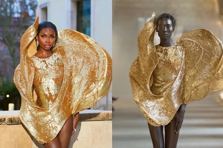 Olandria in a Gold Sculptural Rahul Mishra Couture Gown at Paris Fashion Week