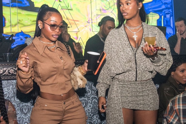 Jayda Cheaves in Brown CM Studios and Dess Dior in Neutral Tweed CouCoo Skirt Set and Green Balenciaga Boots at Tabu Saturdays