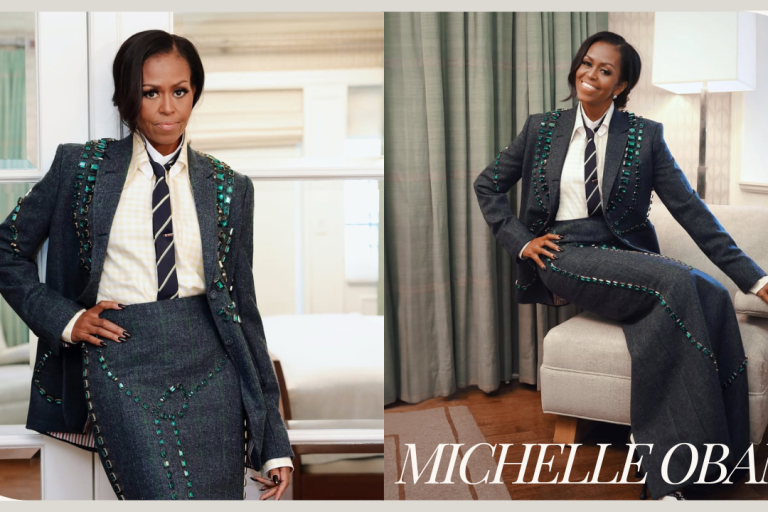 Michelle Obama Looks Fierce in a Navy Plaid Thom Browne Embellished Suit