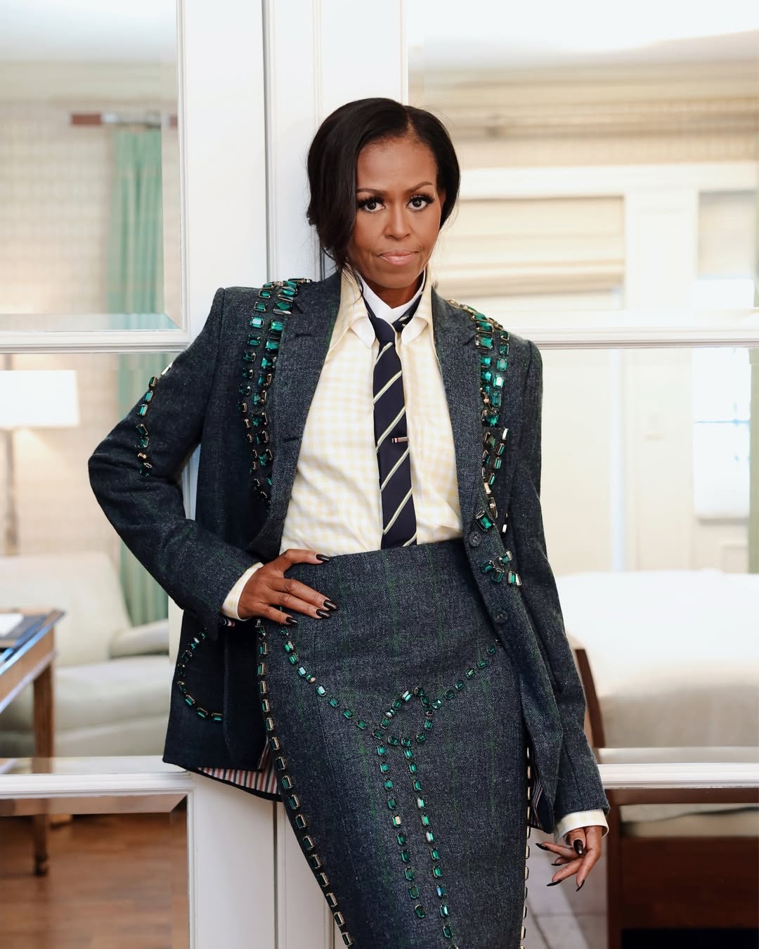 Michelle Obama Looks Fierce In A Navy Plaid Thom Browne Embellished Suit 1