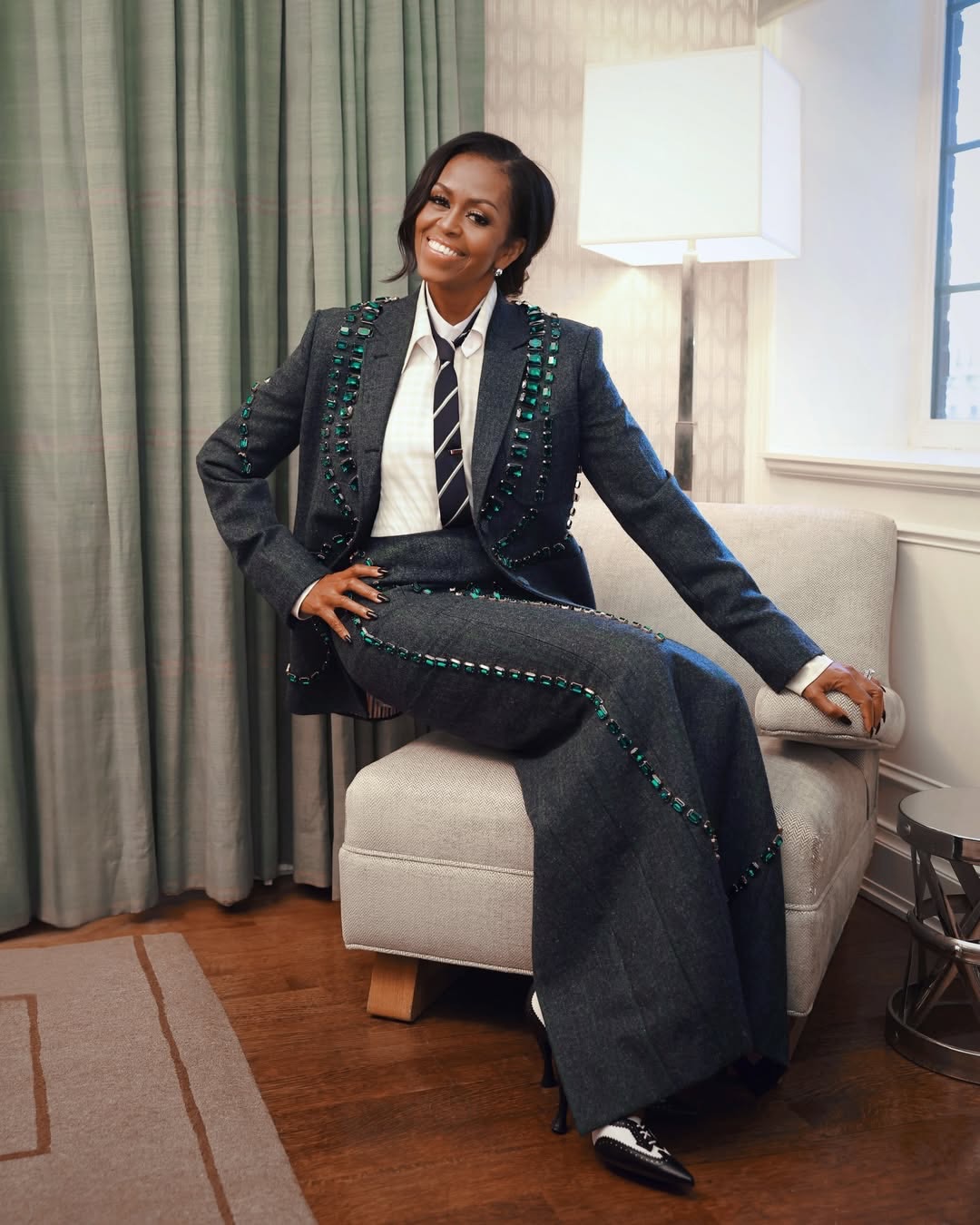 Michelle Obama Looks Fierce In A Navy Plaid Thom Browne Embellished Suit 2
