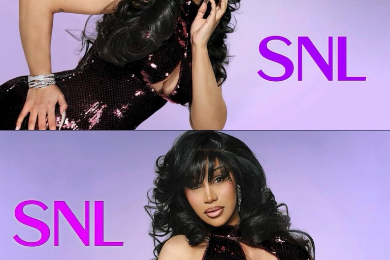 Cardi B ‘s Saturday Night Live Promotional Photos Burgundy Sequined Sergio Hudson Halter Gown