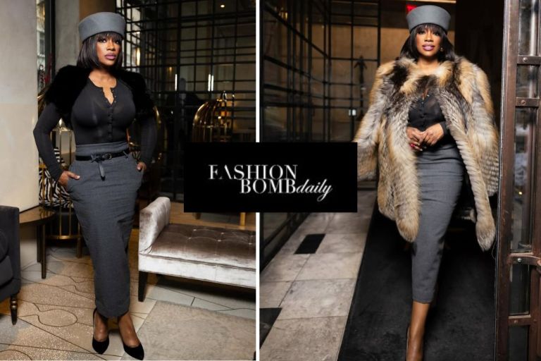 Kandi Burruss Stuns in Black and Grey The Frankie Shop Look with a iStyleBySonia Fur and Gucci Heels