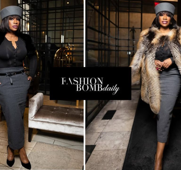 Kandi Burruss Stuns in Black and Grey The Frankie Shop Look with a iStyleBySonia Fur and Gucci Heels