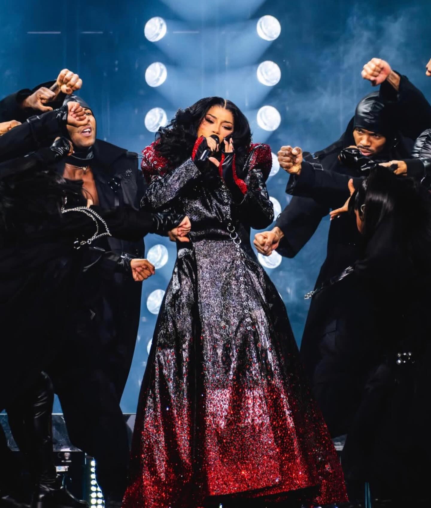 4 On Stage At The Little Miss Drama Tour Cardi B In Teal Plaid And Red Crystal Embellished Bryan Hearns Looks