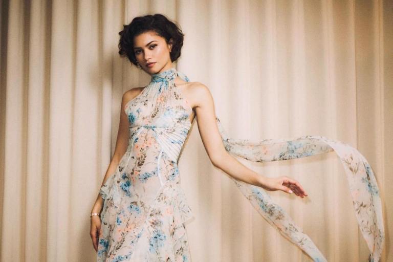 Zendaya Stuns in Blue Floral Alexander McQueen Chiffon Gown on Jimmy Kimmel Live