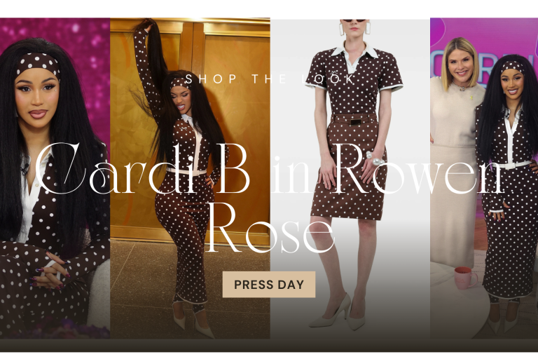 Cardi B in Brown Polka Dot Rowen Rose for Press Day Talking Little Miss Drama Tour and Grow Good Beauty