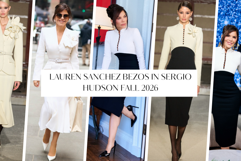 Lauren Sanchez Bezos in White and Black Sergio Hudson Fall 2026 Structured Peplum and Colorblock Knit Dresses on Television Appearances