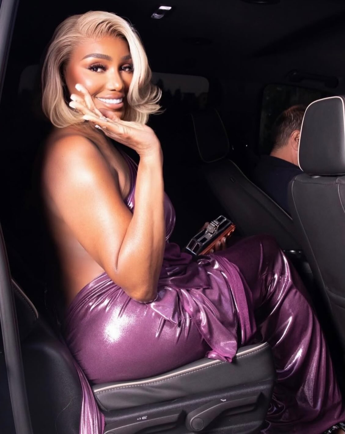 Nene Leakes Hits Oscars 2026 Parties In Purple Metallic Michael Costello Gown