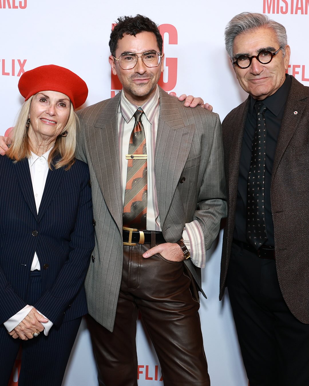 888 Dan Levy In Grey Pinstripe Versace Spring 2026 Blazer Brown Leather Pants And Silk Shirt At Big Mistakes Premiere
