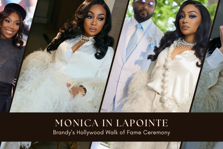 Monica Steps Out with Husband Anthony “Ant” Wilson at Brandy’s Hollywood Walk of Fame Ceremony in Ivory Feathered LaPointe Silk Blouse and Coordinating Trousers