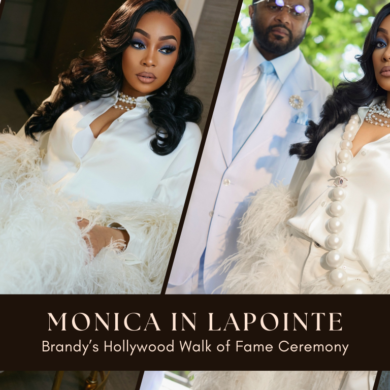 Monica Steps Out with Husband Anthony “Ant” Wilson at Brandy’s Hollywood Walk of Fame Ceremony in Ivory Feathered LaPointe Silk Blouse and Coordinating Trousers