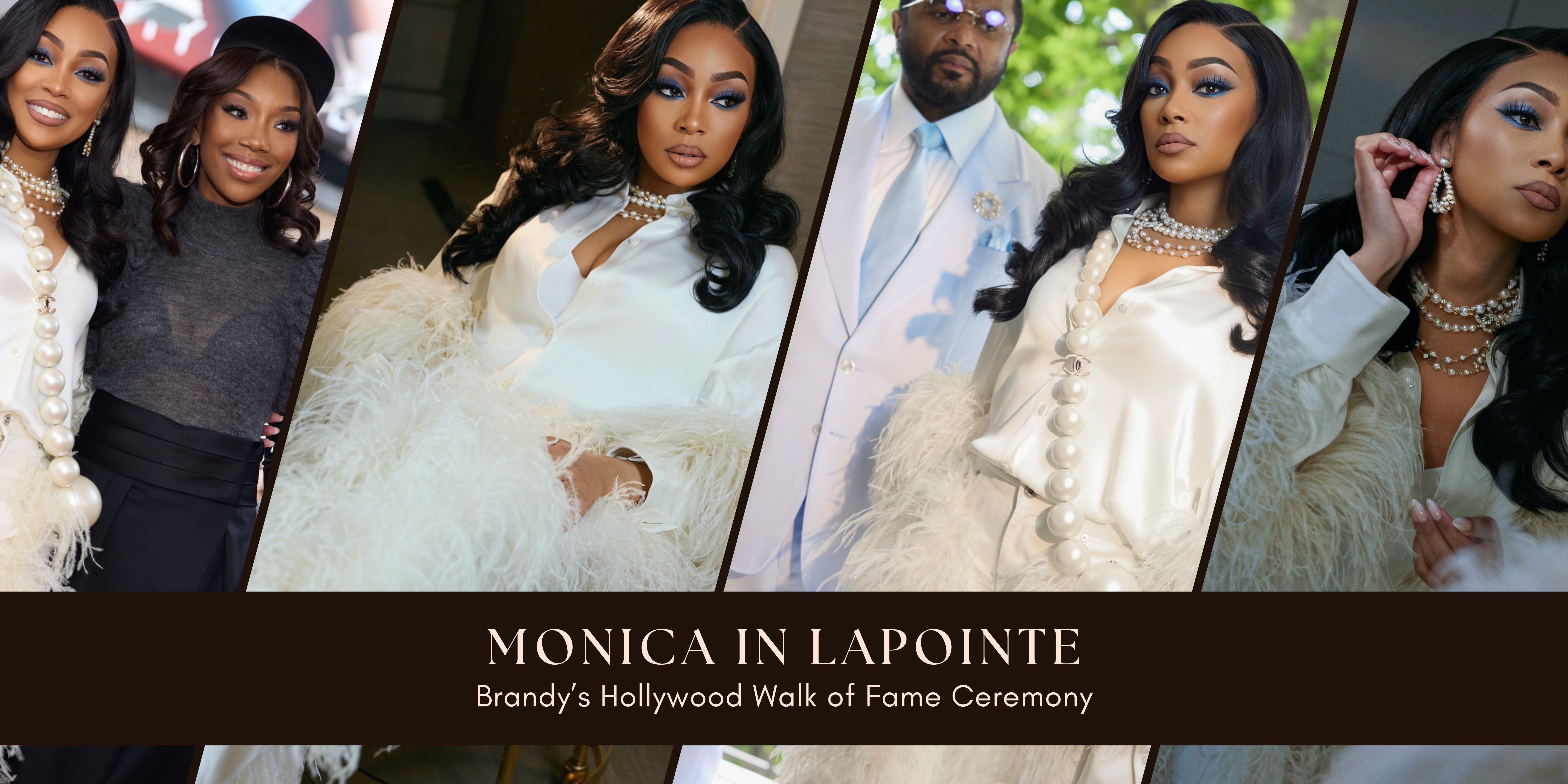 Monica Steps Out with Husband Anthony Ant Wilson at Brandys Hollywood Walk of Fame Ceremony in Ivory Feathered LaPointe Silk Blouse and Coordinating Trousers
