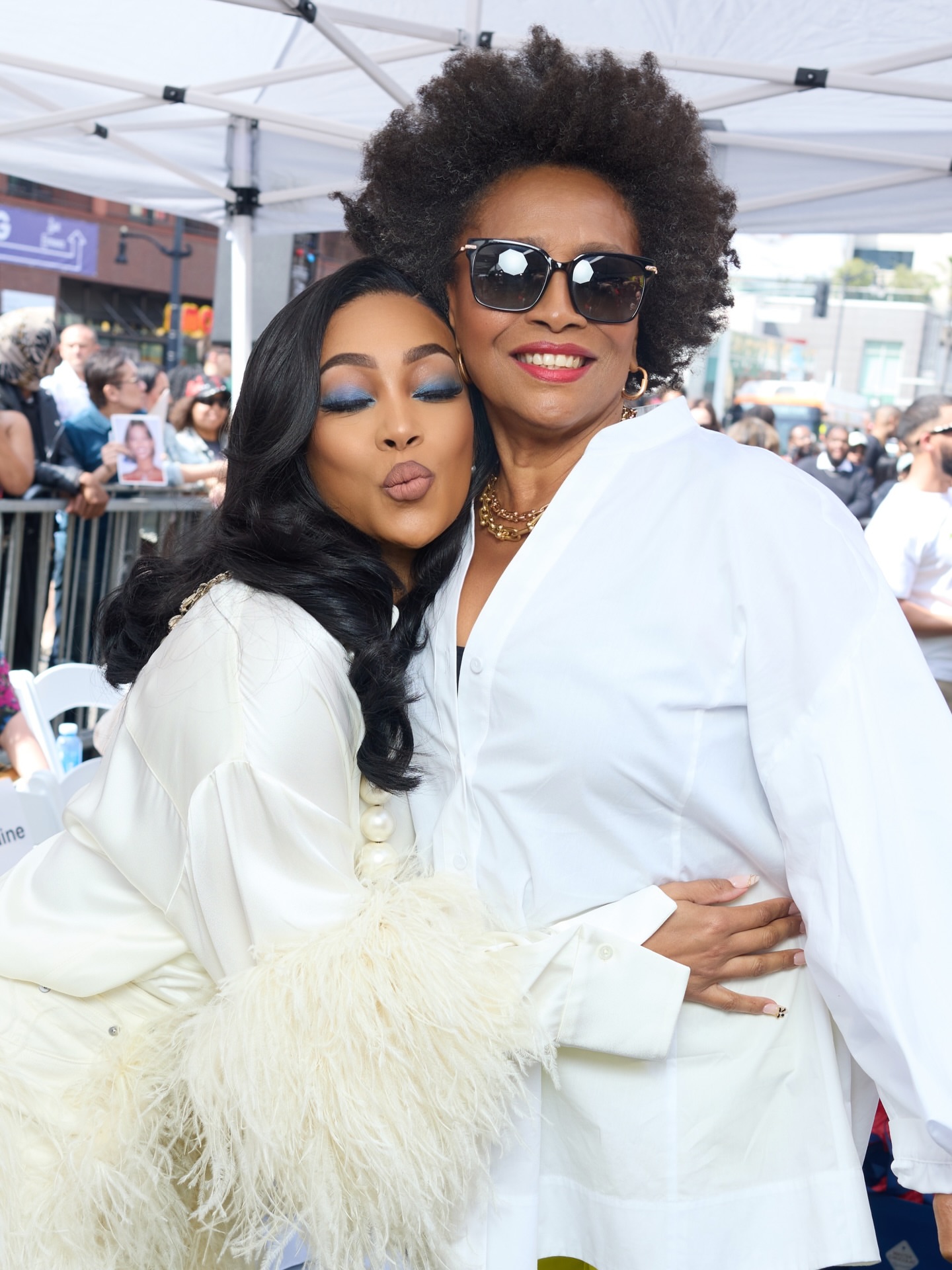 9 Monica Steps Out With Husband Anthony Ant Wilson At Brandys Hollywood Walk Of Fame Ceremony In Ivory Feathered LaPointe Silk Blouse And Coordinating Trousers