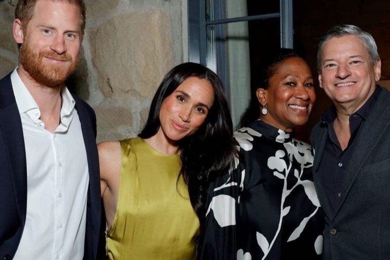 Prince Harry, Meghan Markle, Ted Sarandos, and Nicole Avant Gather in Montecito for Netflix Party with Meghan in Olive Green Heidi Merrick Gale Dress