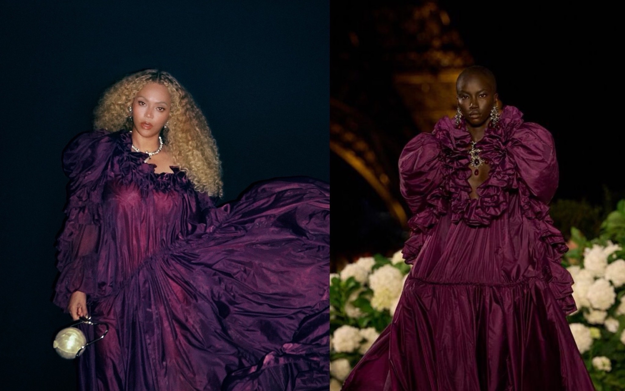 Beyonce Grabs Dinner in Plum Taffeta Spring 2026 Saint Laurent Gown and Pearl Cult Gaia