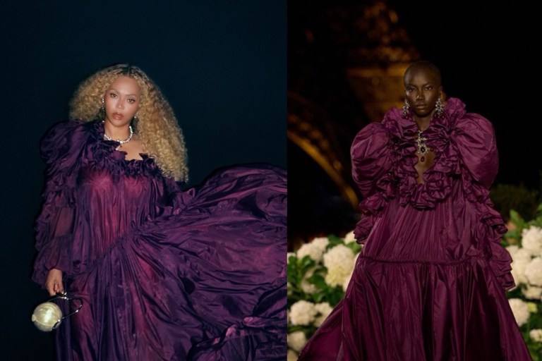 Beyonce Grabs Dinner in Plum Taffeta Spring 2026 Saint Laurent Gown and Pearl Cult Gaia