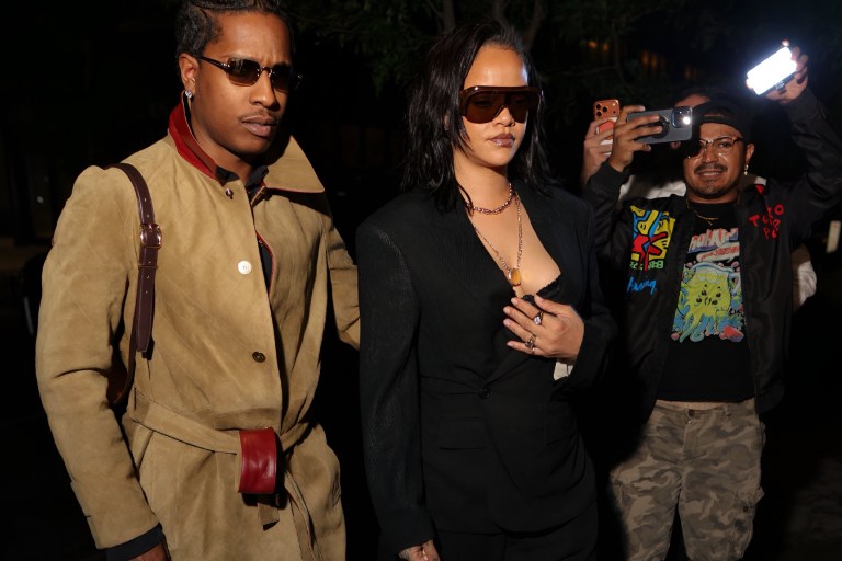 Rihanna Spotted on Mother’s Day in an Oversized Black Suit and Chanel Wicker Bag with A$AP Rocky