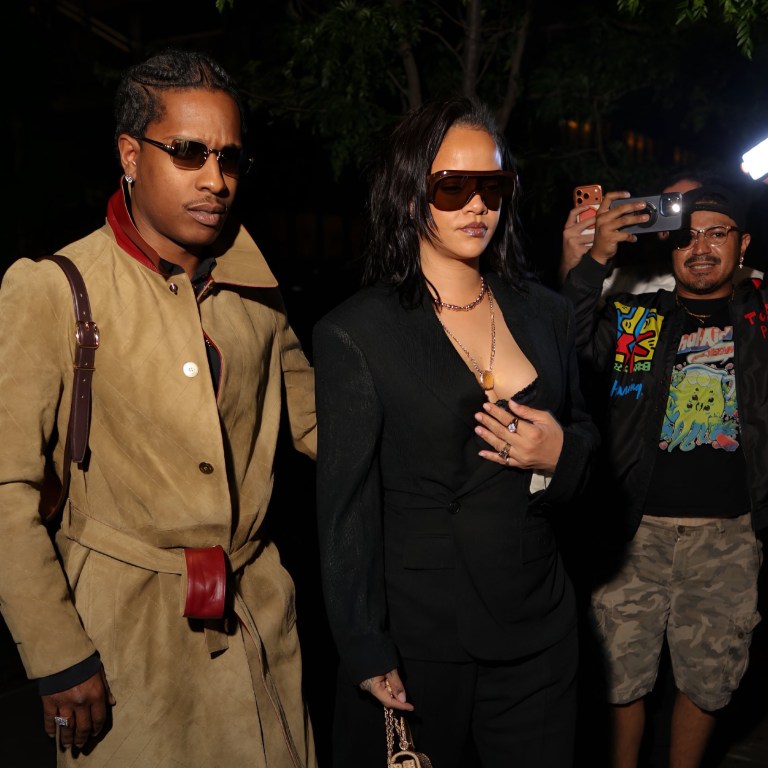 Rihanna Spotted on Mother’s Day in an Oversized Black Suit and Chanel Wicker Bag with A$AP Rocky