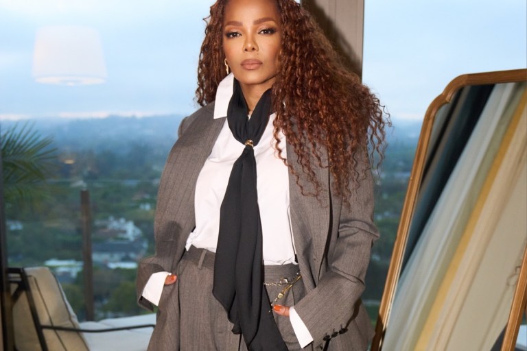 Janet Jackson Wore a Gray Tailored Sacai Suit with Mixed Fabric Detailing to the Grammy Hall of Fame Gala