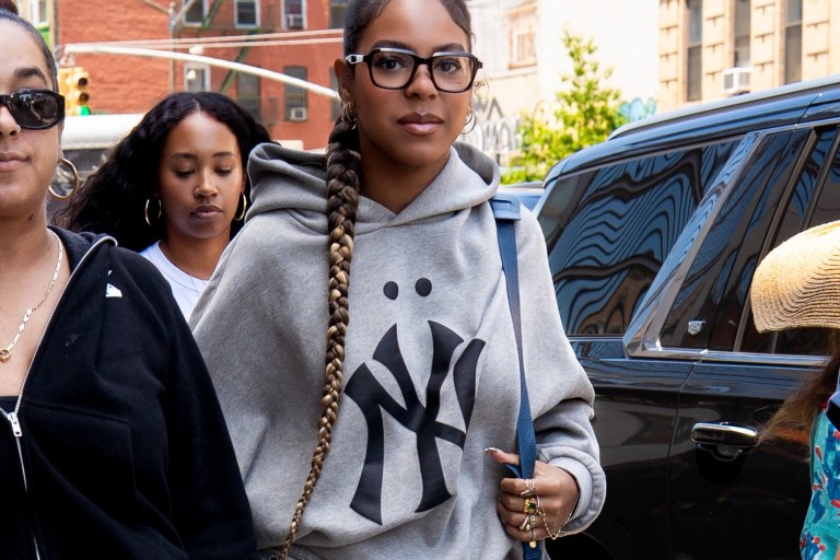 Blue Ivy Carter Spotted in New York City in a Fear of God Essentials MLB Hoodie and Jaded London LDN Mud XL Colossus Jeans