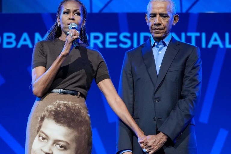 Michelle Obama Wore a Custom Acne Studios FW26 Pencil Skirt Featuring a Portrait of Her Late Mother Marian Robinson at the Obama Presidential Center Opening in Chicago