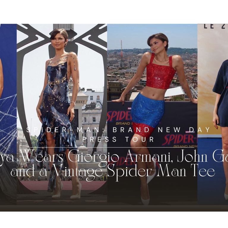 Zendaya Wears Giorgio Armani, John Galliano, and a Vintage Spider-Man Tee on the Spider-Man: Brand New Day Press Tour