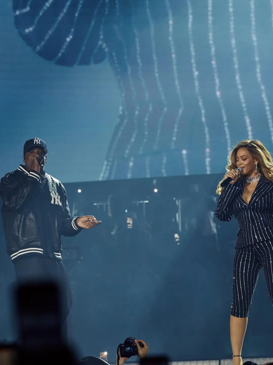 4 Beyonce Suits Up In Custom Crystal Striped Giuseppe Di Morabito Suit For JAY Zs Reasonable Doubt 30th Anniversary At Yankee Stadium