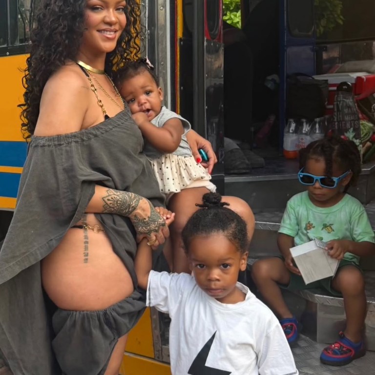 You Ask, We Answer! Rihanna Wore Vintage 1984 Comme des Garçons Gray Cover Up Dess in Barbados With Kids RZA, Riot, and Rocki