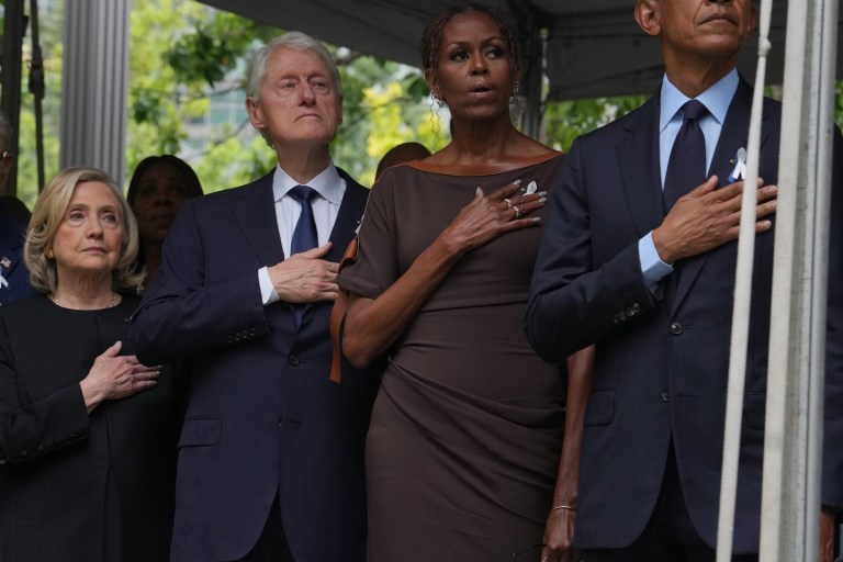 Michelle Obama Wore a Brown Ferragamo Leather-Trim Jersey Maxi Dress at the 25th Anniversary of September 11